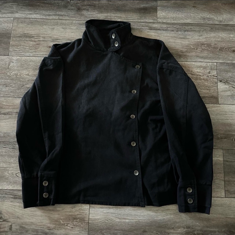 Black Denim Jacket – Asymmetrical Button Design